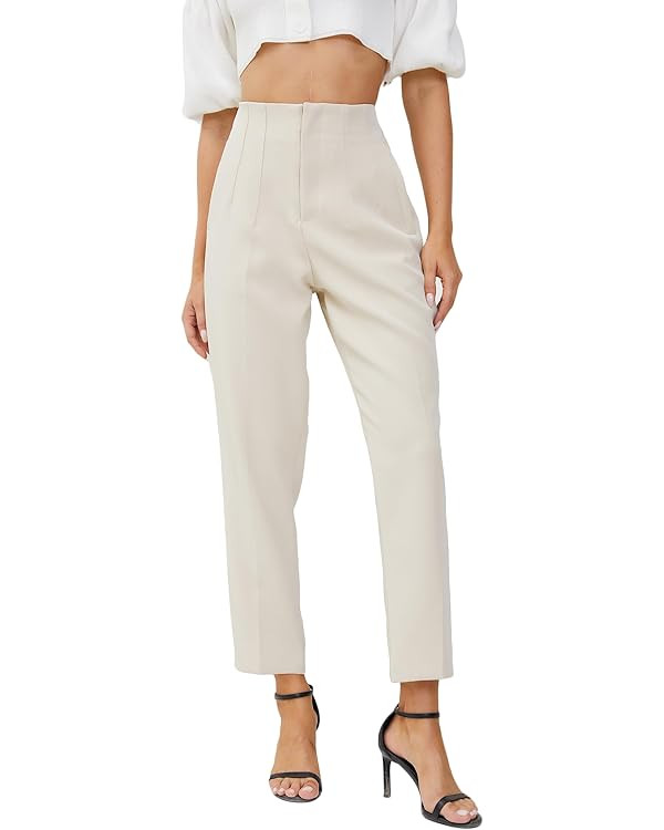 Women's High Waisted Business Trousers Straight Leg Pleated Office Slacks Pants | Amazon (US)