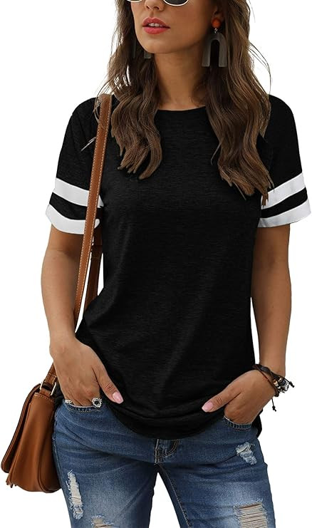 Adibosy Women's Short Sleeve Tops Leopard Color Block T Shirt Casual Tunic Crew Neck Striped Shir... | Amazon (US)