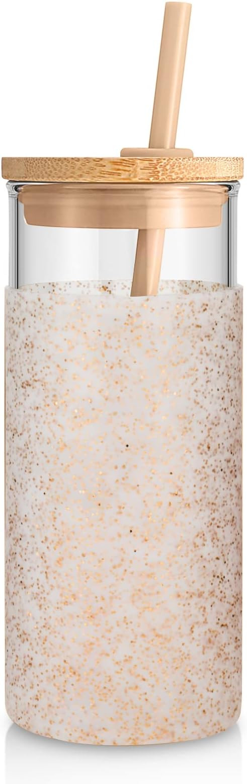 Tronco 20 oz Glass Tumbler with Lid and Straw, Iced Coffee Cup and Smoothie Cup with Bamboo Lids ... | Amazon (US)