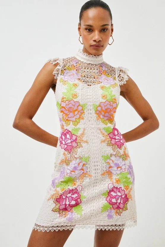 Guipure Lace Embroidered Mini Dress | Karen Millen UK & IE