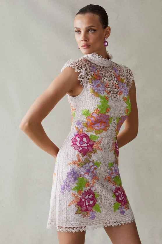 Guipure Lace Embroidered Mini Dress | Karen Millen UK & IE