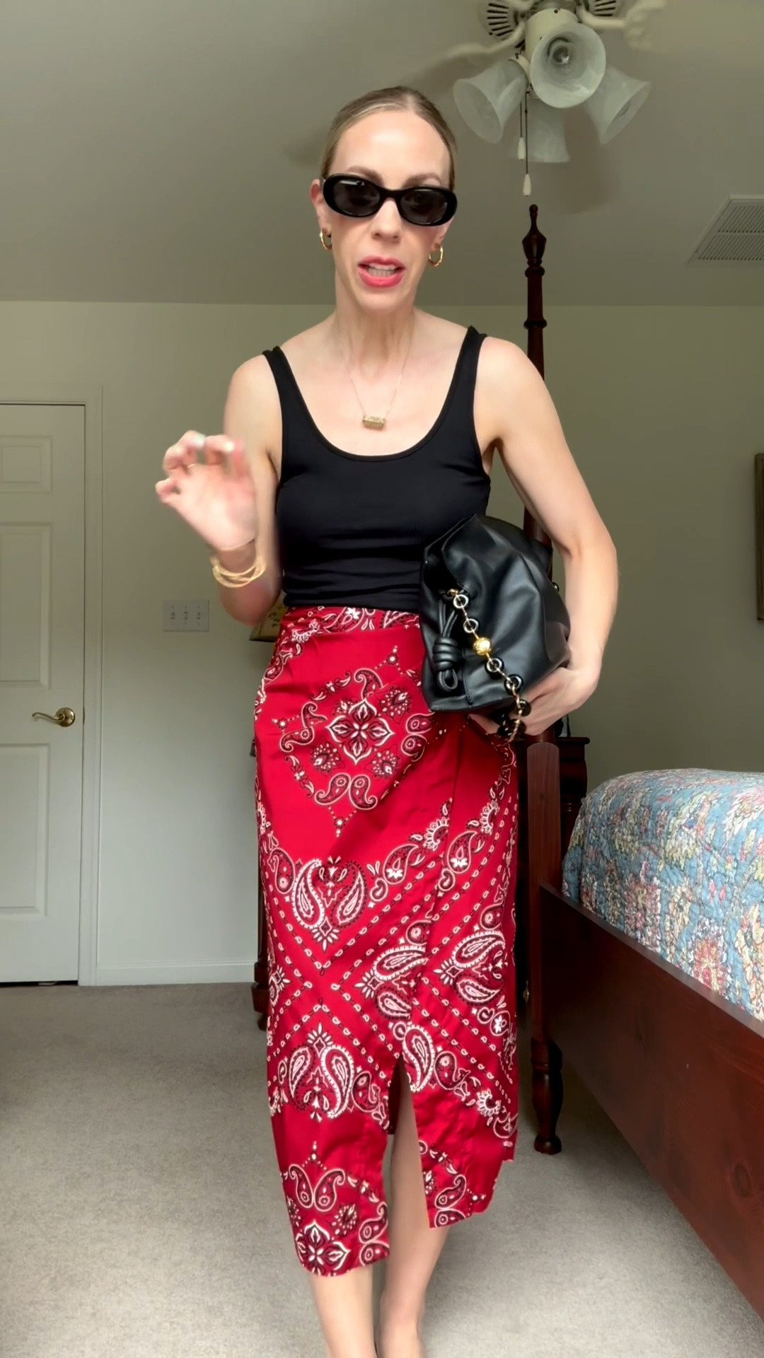 Summer vacation, bandana print skirt, @Madewell thong sandals, Loewe Flamenco pouch handbag, tomato red skirt

#LTKootd #LTKgrwm #LTKOver40