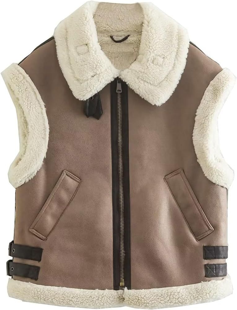 Womens Sherpa Fleece Vest Casual Leather Zip Up Suede Shearling Vest Sleeveless Jacket Outwear | Amazon (US)