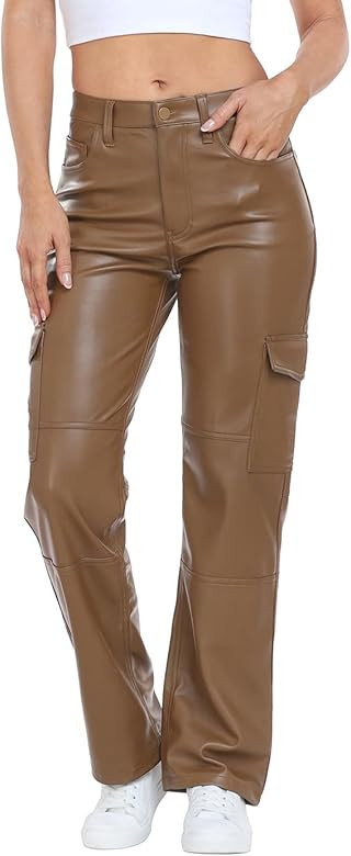 HDE Women's Faux Leather Cargo Pants with Pockets High Waisted Y2K Relaxed Pant | Amazon (US)