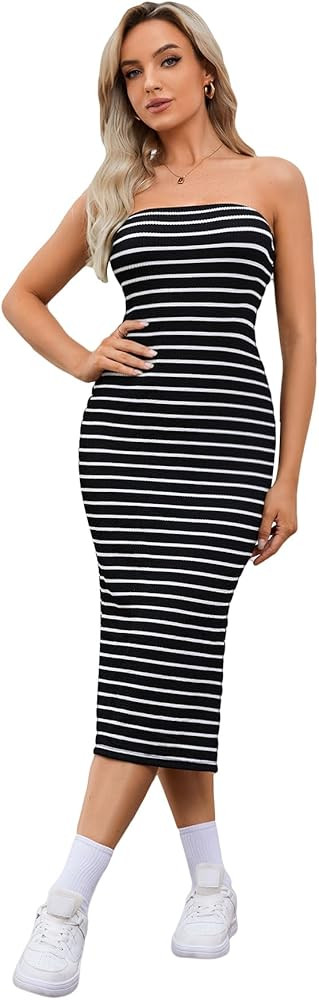 Floerns Women's Striped Strapless Textured Rib Tube Top Dress Split Thigh Bodycon Midi Dresses | Amazon (US)