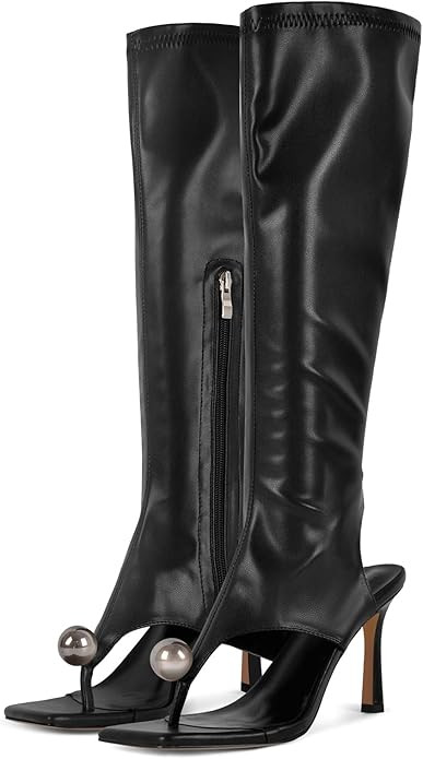 sexytag Women's Square Open Toe Thong Sandals Knee High Pearl Stretch Stiletto Kitten Heels Openb... | Amazon (US)
