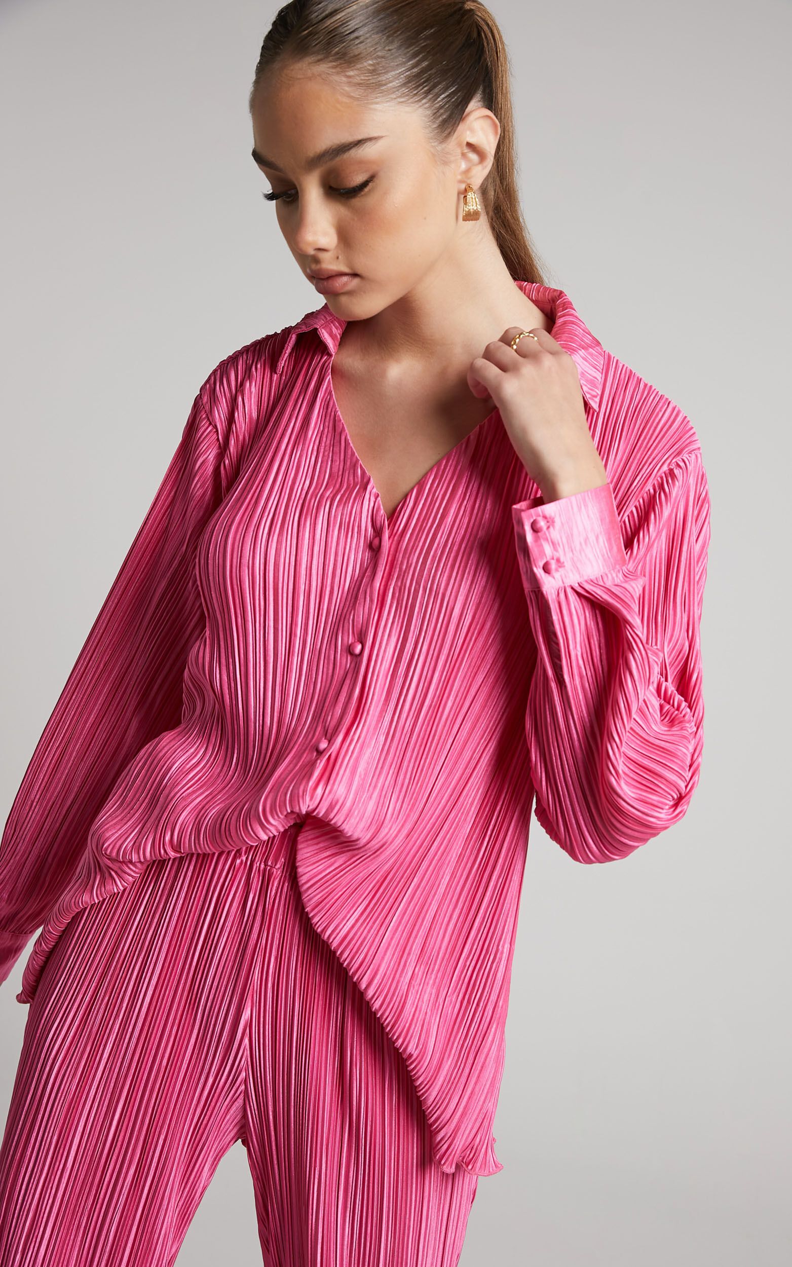 Beca Plisse Button Up Shirt in Pink | Showpo (US, UK & Europe)