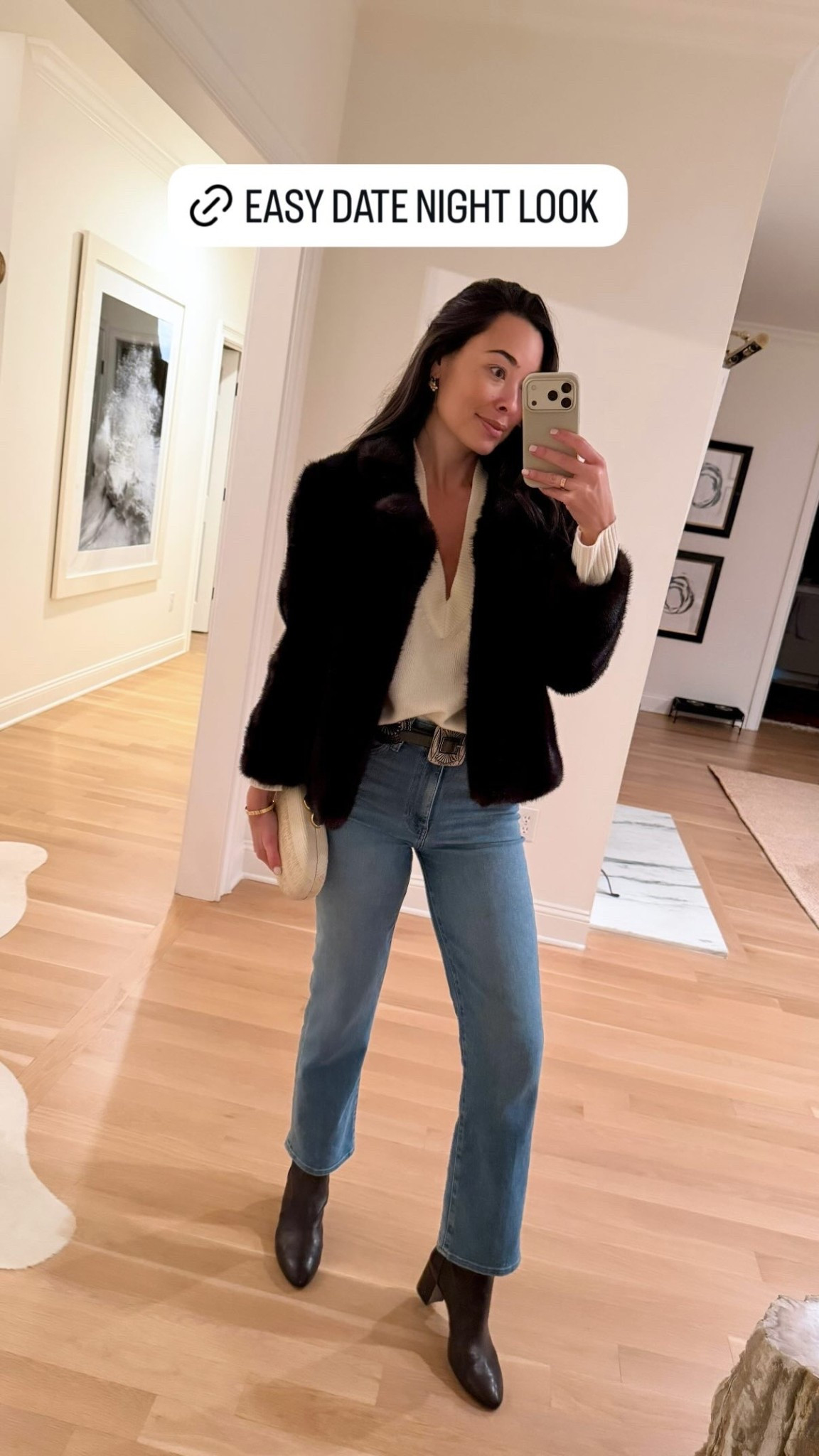 Fall date night outfit, fall outfit, faux fur jacket, denim jeans, brown booties, western belt, cashmere v-neck sweater. 

#LTKShoeCrush #LTKootd #LTKStyleTip