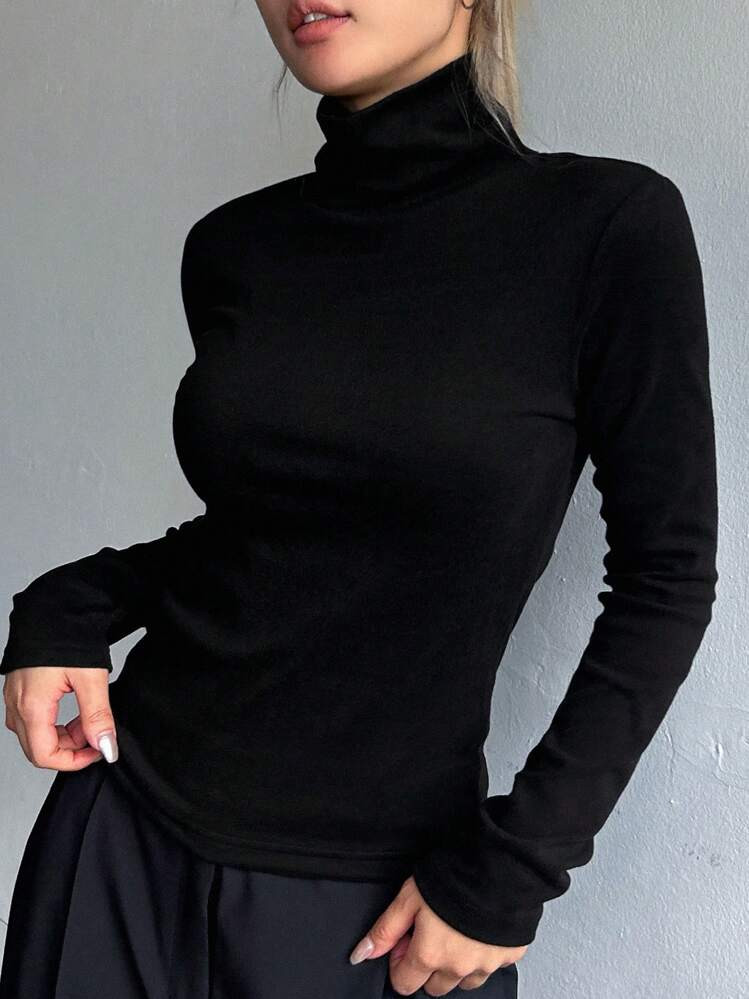 DAZY Solid Color Turtleneck T-Shirt Long Sleeve Women Tops,Thermal Lined | SHEIN