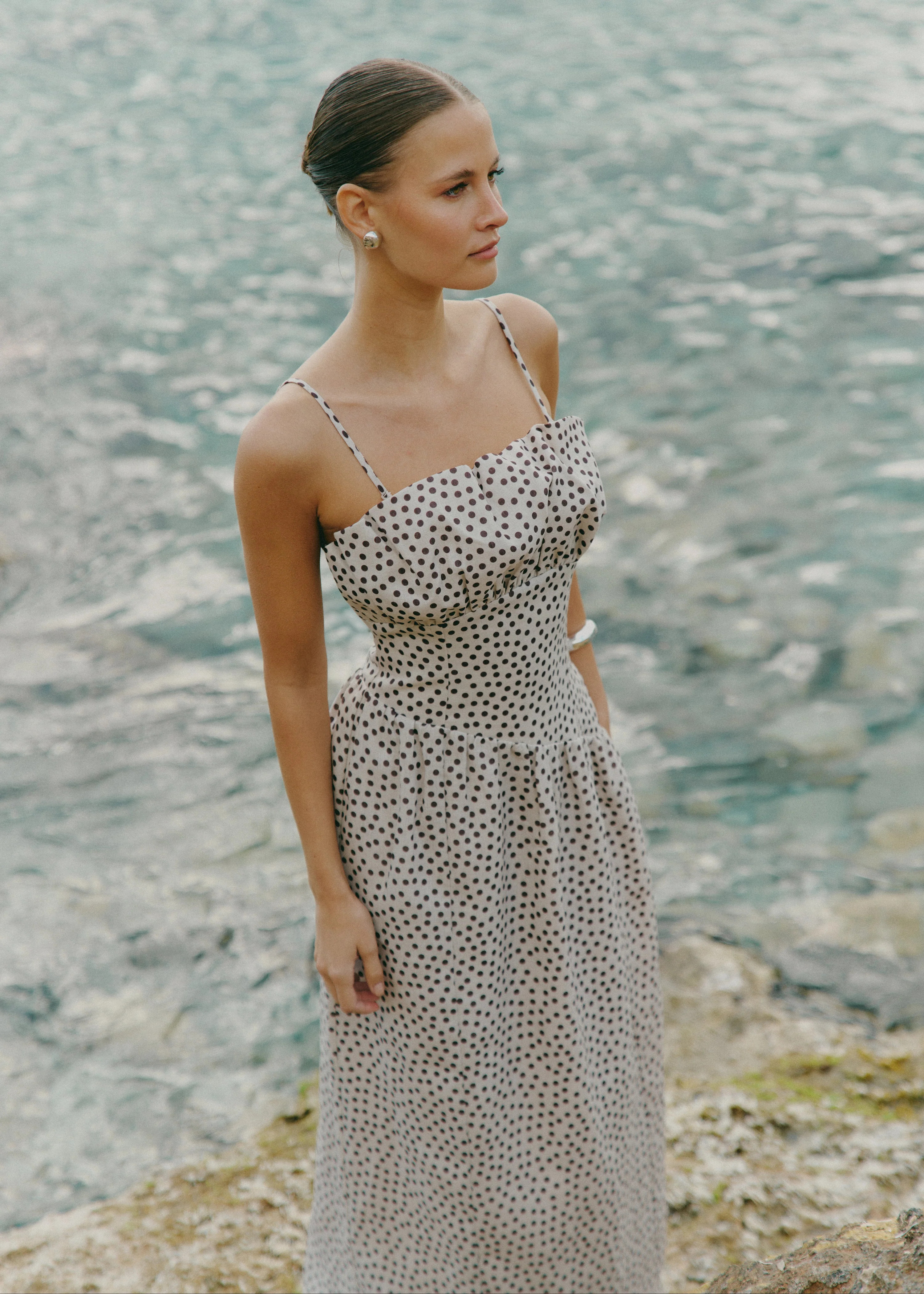 Zaria Corset Detail Maxi Dress - Cream and Brown Polkadot | Pretty Lavish (UK)