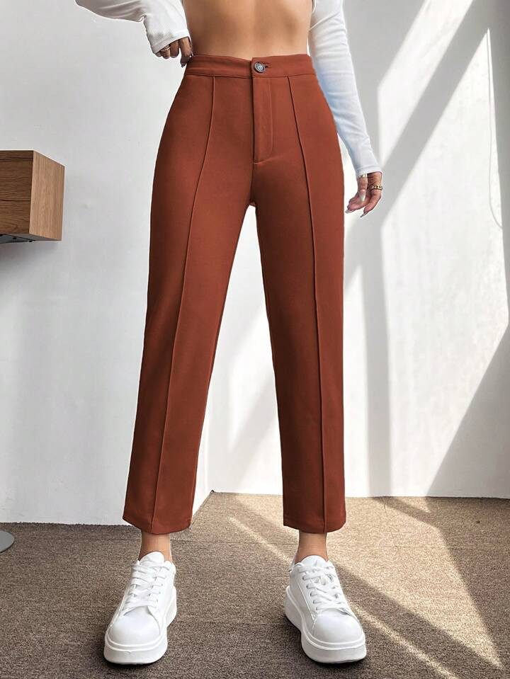 SHEIN PETITE Solid Seam Detail Cropped Pants | SHEIN