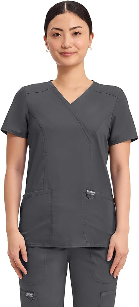 Cherokee Scrubs Top for Women Mock Wrap with 3 Pockets, Soft, 2-Way Stretch & Durable Fabric - WW... | Amazon (US)