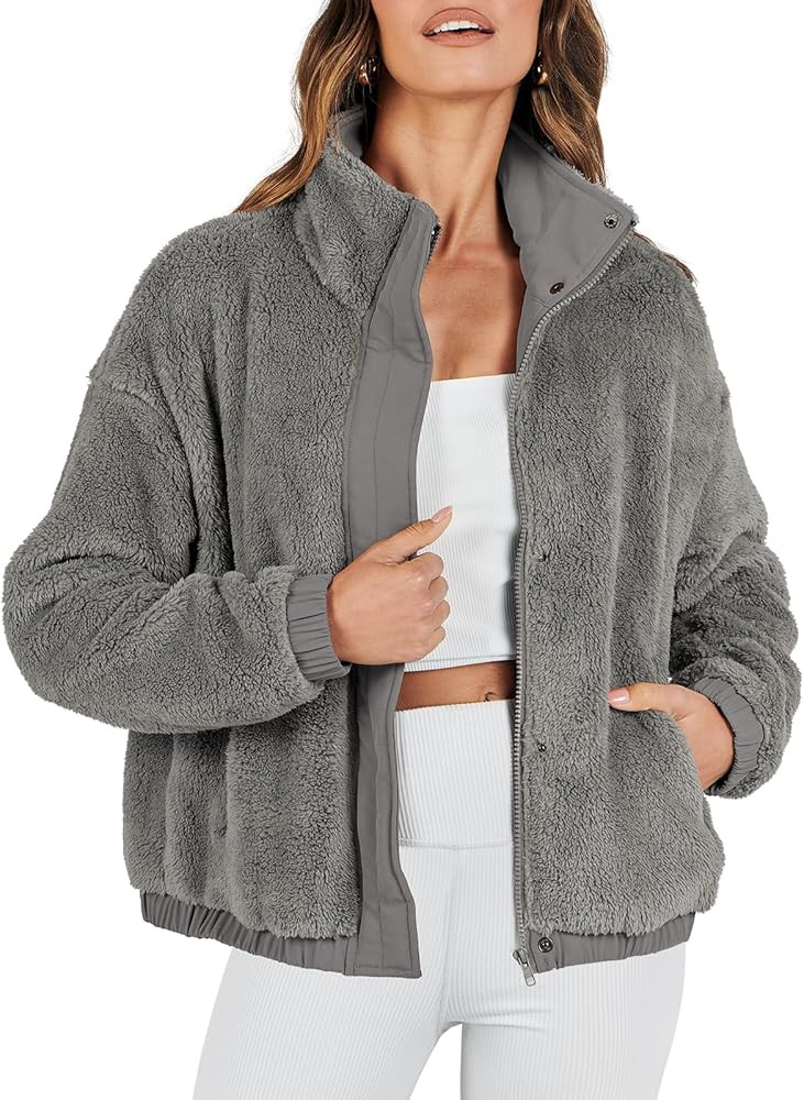 ANRABESS Womens Fleece Jacket Casual Long Sleeve Cropped Sherpa Button Down Fuzzy Warm Coats Fall... | Amazon (US)