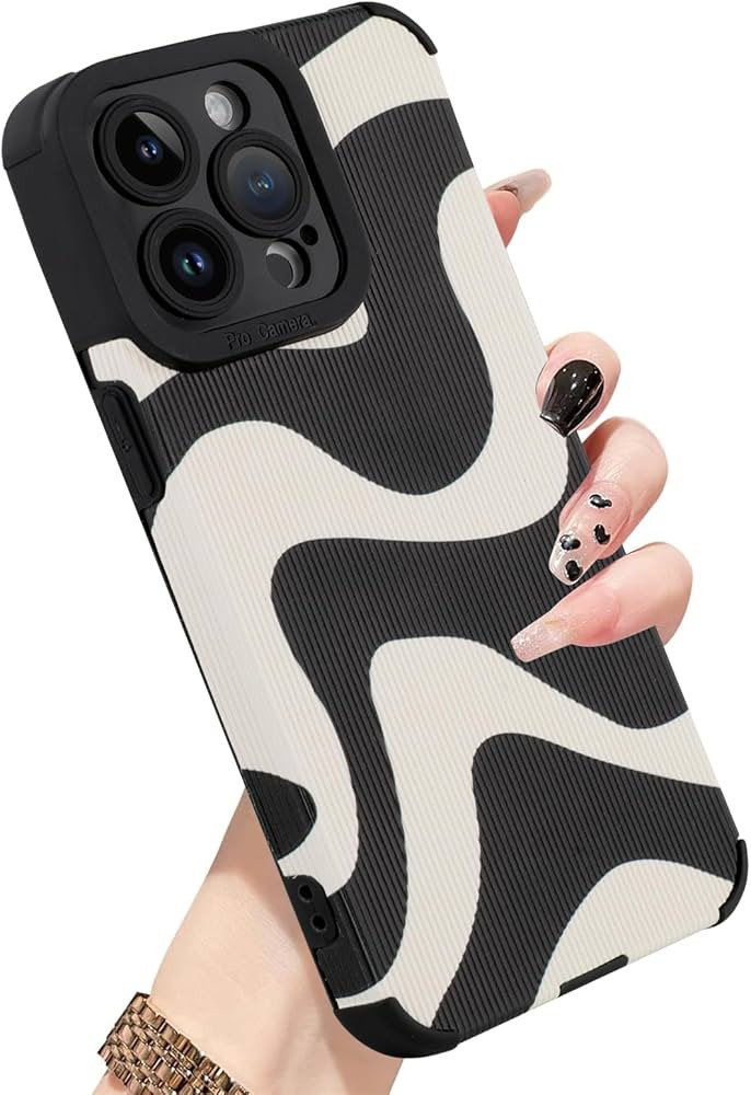 MZELQ Compatible with iPhone 15 Pro Max Case, Cute Pattern Wave Black and White, Screen Protector... | Amazon (US)