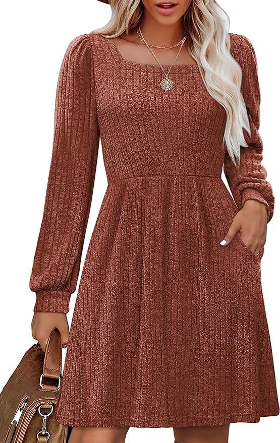 OFEEFAN Womens Knit Sweater Dress with Pockets Square Neck Long Sleeve Dresses | Amazon (US)