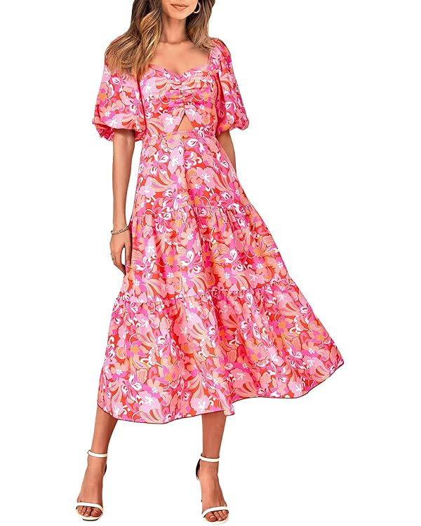 BTFBM Women Summer Dresses 2024 Casual Flowy Beach Square Neck Puff Short Sleeve Smocked Back Boh... | Amazon (US)