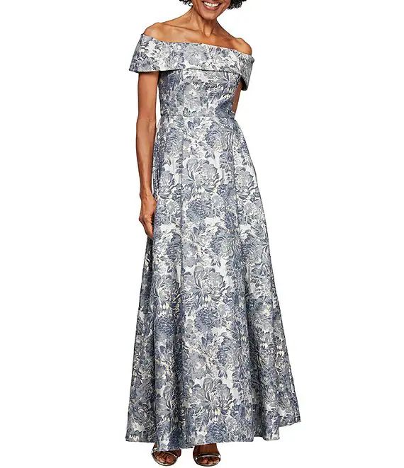 Jacquard Short Sleeve Off-the-Shoulder Floral Pocketed Gown | Dillard's