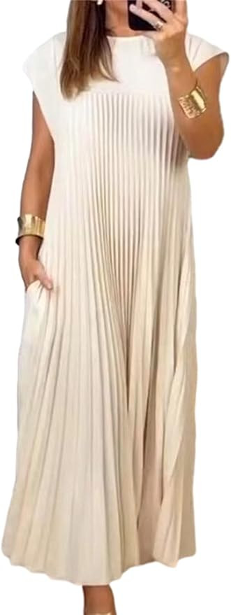 Womens Summer Cap Short Sleeve Maxi Dress 2025 Pleated Casual Loose Long Dresses with Pockets | Amazon (US)