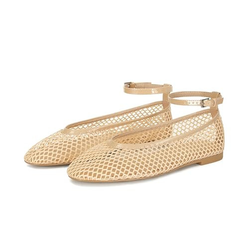 Wnshonzy Mesh Ballet Flats for Women Round Toe Fishnet Ballerina Flat Shoes Buckle Strap Women’s Mesh Mary Jane Flats Comfy Casual Office Womens Summer Beige | Amazon (US)