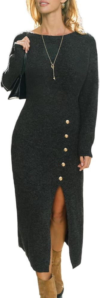CUPSHE Women's Winter Dresses Pencil Bodyon Long Sleeve Crew Neck Button Front Slit Casual Knitte... | Amazon (US)
