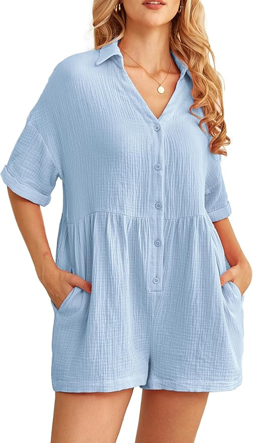 Kikibell Women's Summer Short Sleeve Romper Casual V Neck Wide Leg Short Jumpsuit Button Beach Ro... | Amazon (US)