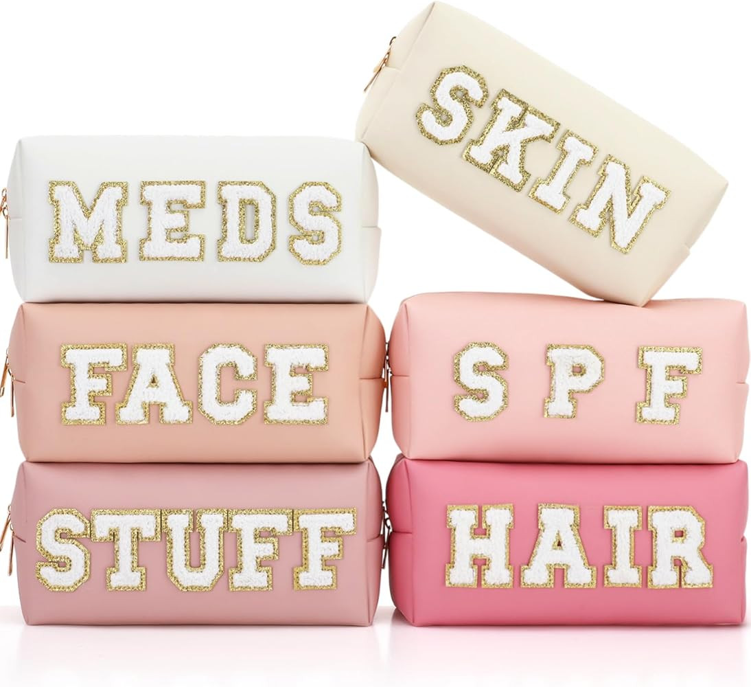 Kigeli 6 Pcs Large Preppy Patch Makeup Bag Chenille Letter Bag PU Leather Waterproof Travel Cosme... | Amazon (US)