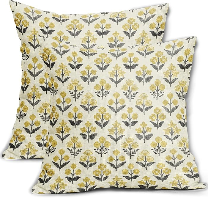 Black Yellow Floral Pillow Covers 20x20 Inch Set of 2, Vintage Flower Block Print Spring Summer D... | Amazon (US)