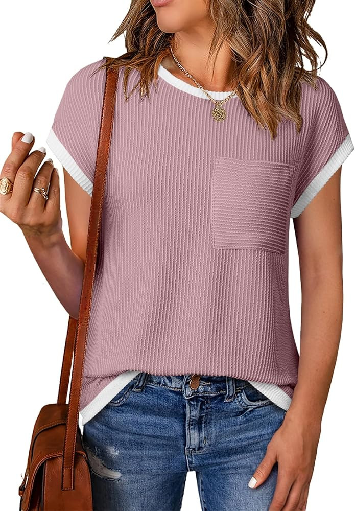 EVALESS Women's Short Sleeve T Shirts Crewneck Color Block Ribbed Knit Tee Blouses 2026 Trendy Su... | Amazon (US)
