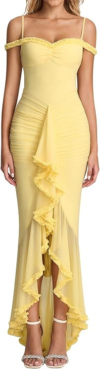 KUTUMAI Women Ruffle Bodycon Maxi Dress Ruched Long Formal Cocktail Wedding Guest Dresses | Amazon (US)