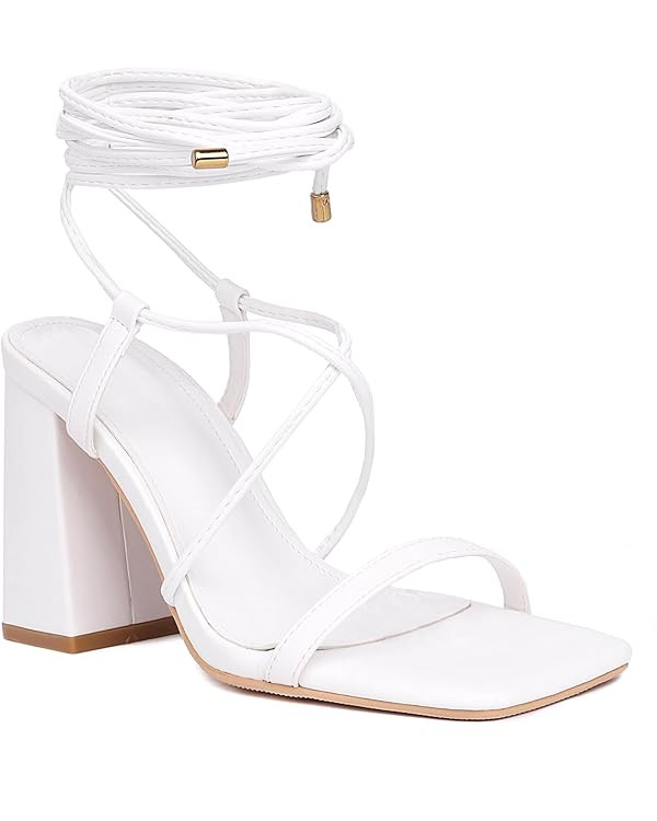 Lhamo Latso Women's Lace Up Strappy Block High Heels Square Toe Chunky Heel Sandals Dressy Shoes | Amazon (US)