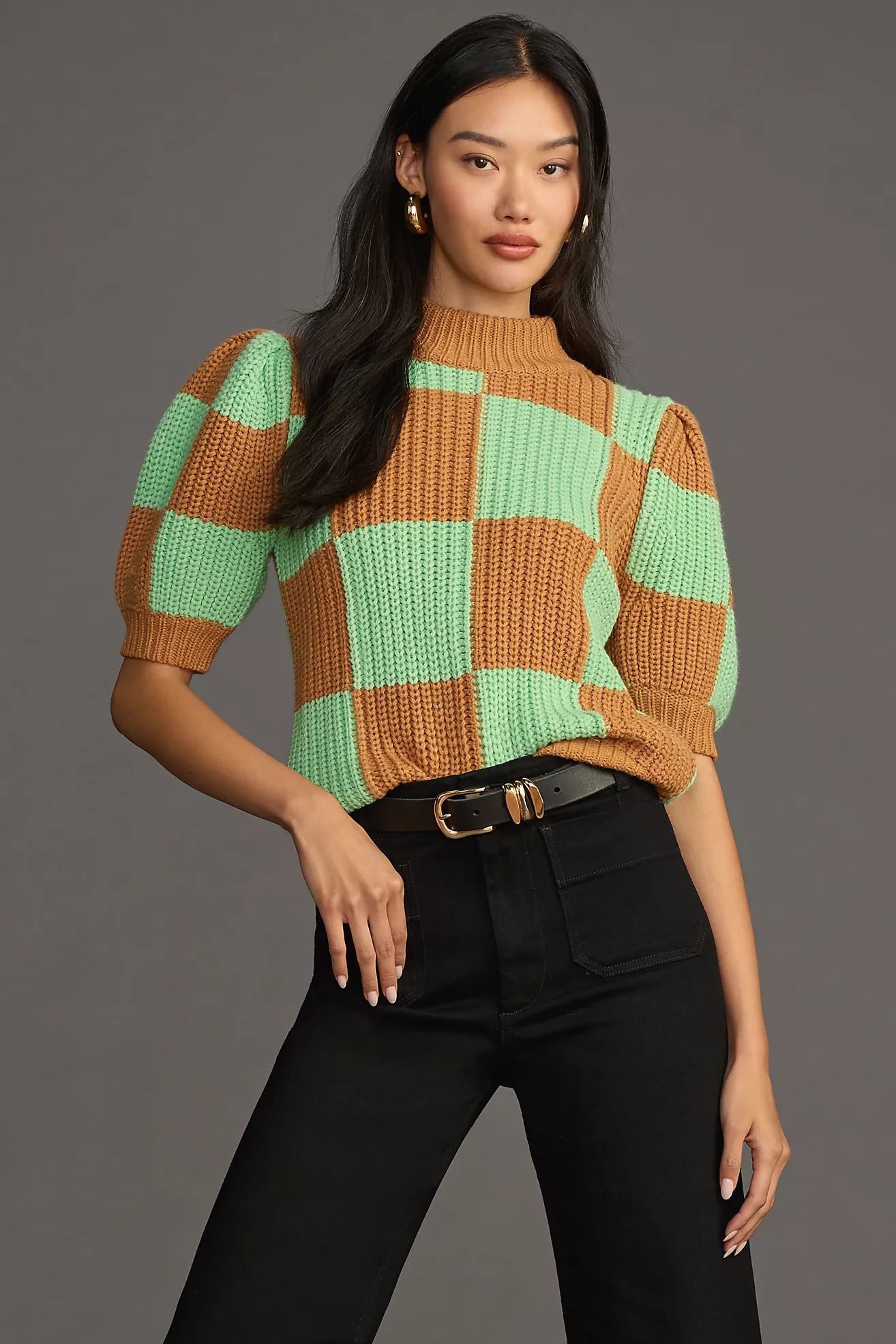 English Factory Short-Sleeve Checkered Sweater | Anthropologie (US)