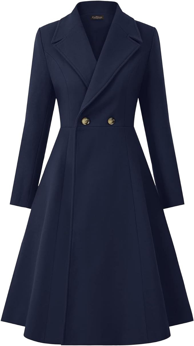 CURLBIUTY Women's Pea Coat Double Breasted A Line Long Trench Coat Winter Dress Coat with Pockets | Amazon (US)