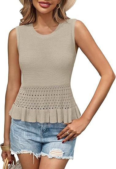 Saodimallsu Womens Crochet Crop Tank Tops Sleeveless Crew Neck Ruffle Summer Boho Knit Sweater Ve... | Amazon (US)
