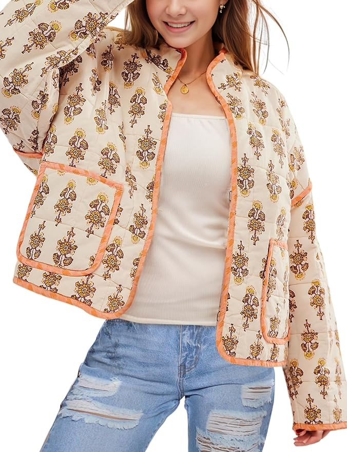 Arssm Women Floral Quilted Puffer Jacket Cropped Lightweight Patchwork Vintage Padded Short Coat ... | Amazon (US)