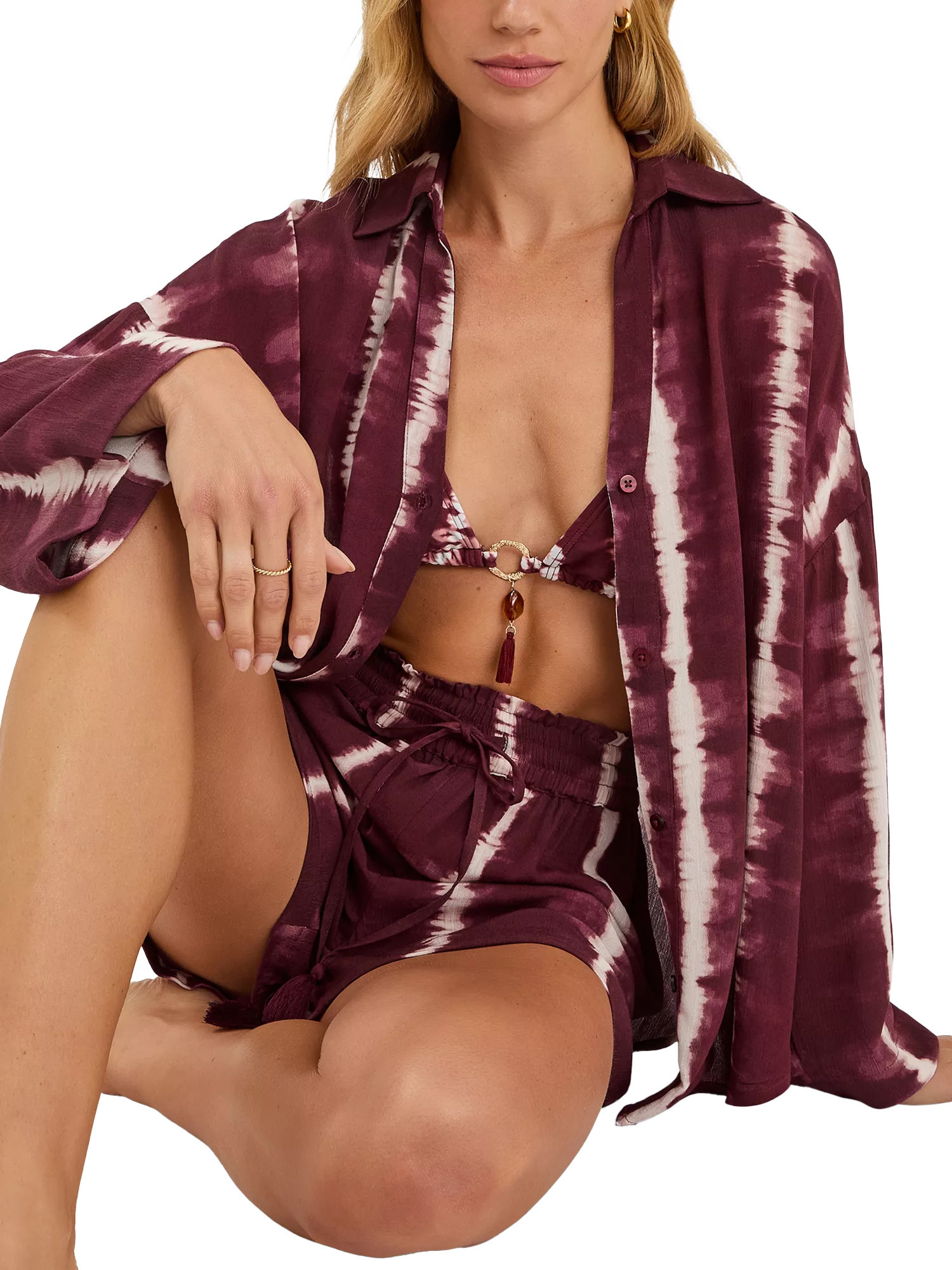 Accessorize Tie Dye Long Sleeve Beach Cover Up Shirt, Burgundy | John Lewis (UK)