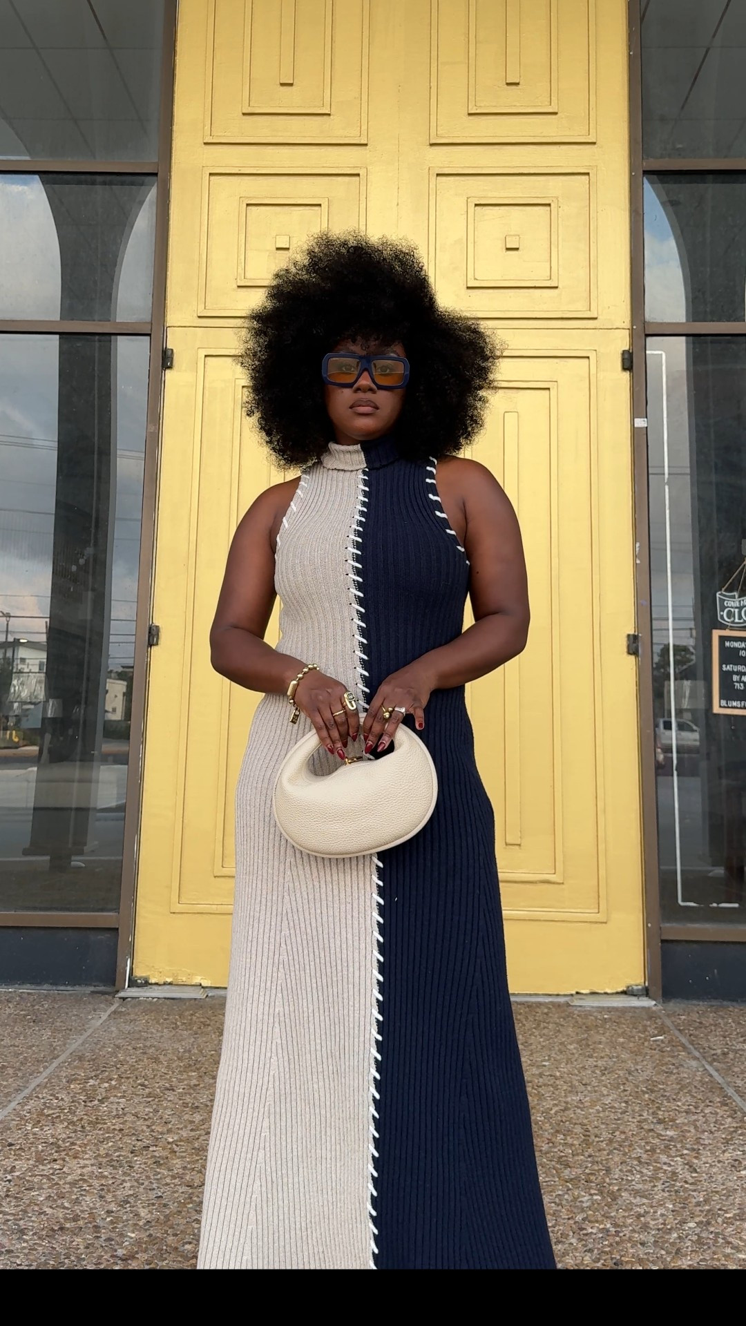 Two tones maxi dress with blue and yellow sunglasses, tabi and a cresent bag. Found some more  Burberry shoes under $200