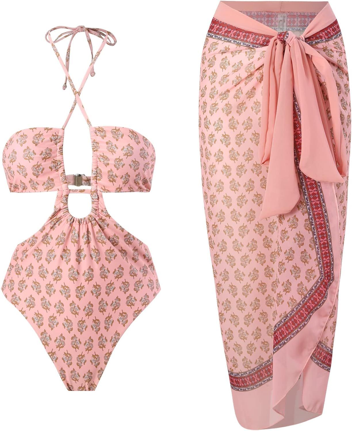 Womens Bikini Set 2 Piece Boho Vintage Print Sexy Halter Tummy Control Strappy Swimsuits with Bik... | Amazon (US)