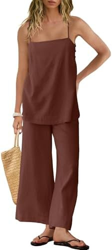 Panadila 2 Piece Linen Set Summer Travel Beach Vacation Outfit Sexy Spaghetti Strap Tank Top and ... | Amazon (US)