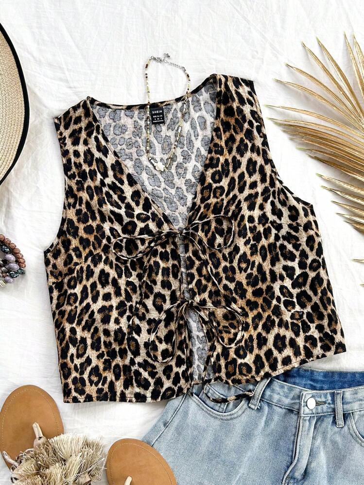 Soleia Top De Tanque Sin Mangas De Estampado Tropical Para Mujer Con Cuello En V, Frente Atado Y Mangas Acampanadas Para Vacaciones | SHEIN