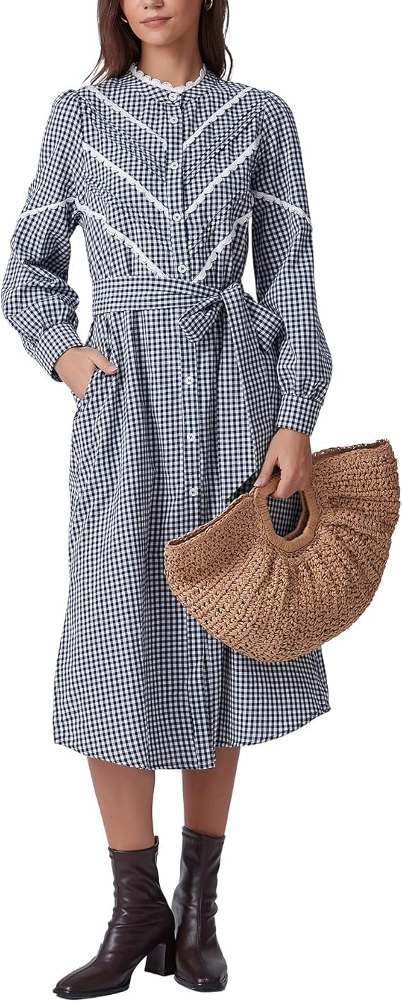 Kedera Womens Casual Mock Neck Gingham Dress Long Balloon Sleeves Button Down Tie Waist Smocked M... | Amazon (US)