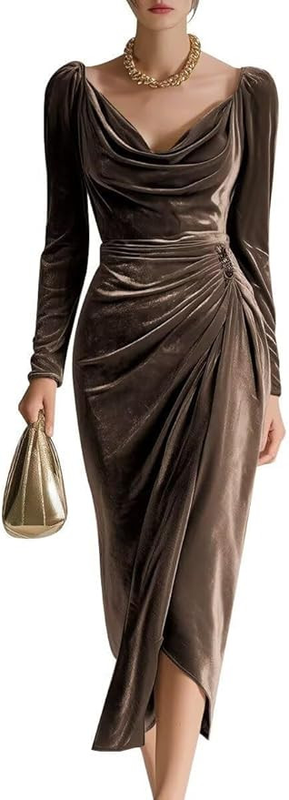 Velvet Midi Formal Wedding Guest Dress Long Sleeve Evening Cowl Neck Bodycon Ruched Cocktail Even... | Amazon (US)