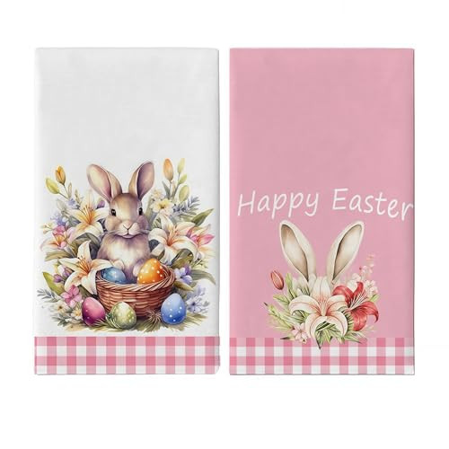 Cxtoweley 2-Pack Easter Dish Towels - Bunny & Egg Printed Kitchen Towels Set (18"x26"), Reusable Holiday Decorations & Spring Gift Accessories，Hand Towels for Bathroom | Amazon (US)