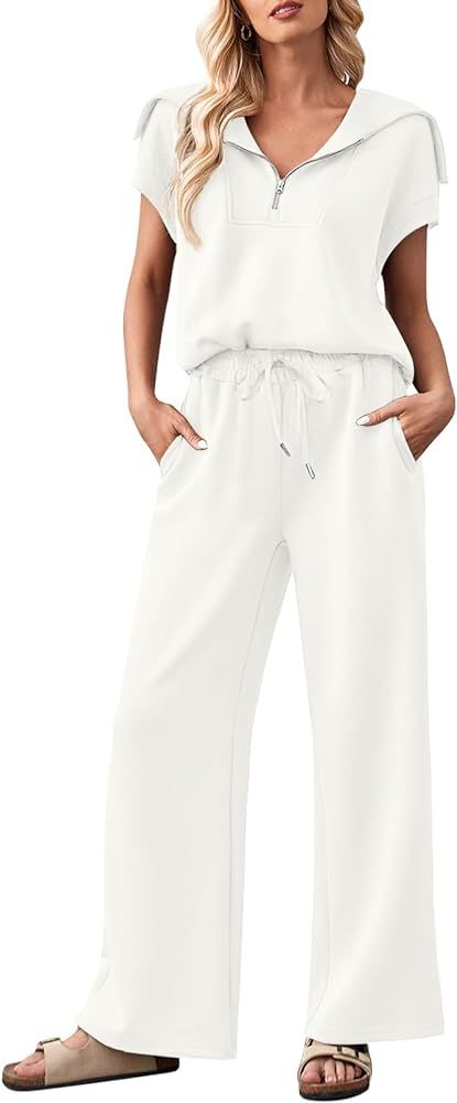 MEROKEETY Women 2 Piece Outfits Sweatsuit Set Half Zip Lapel Collar Short Sleeve Sweatshirt Wide ... | Amazon (US)