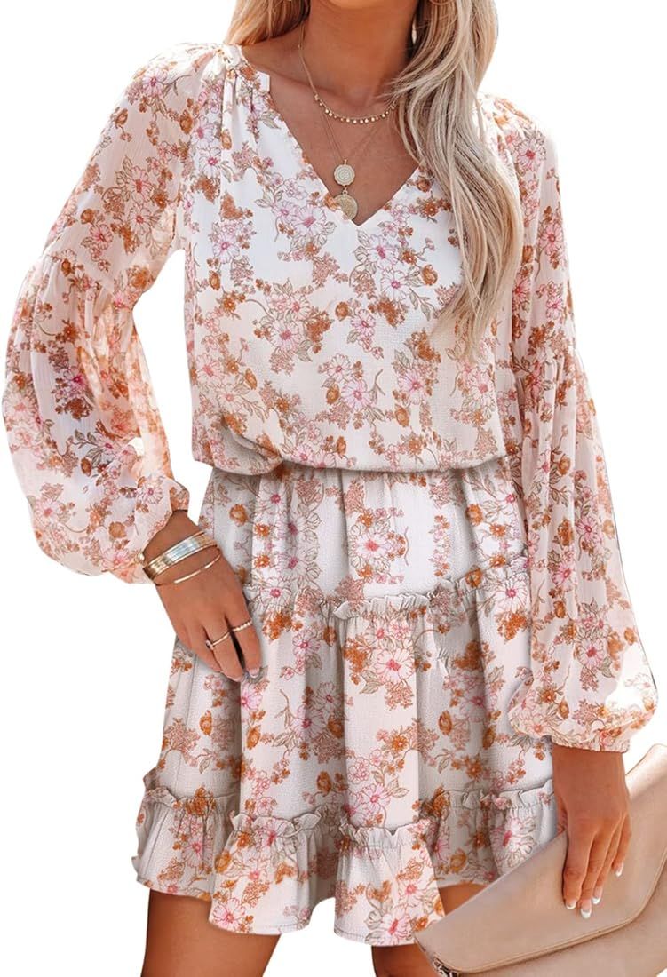 SHEWIN Womens 2022 Fall Summer V Neck Boho Dress Floral Print Ruffle Long Sleeve Flowy Casual Midi D | Amazon (US)