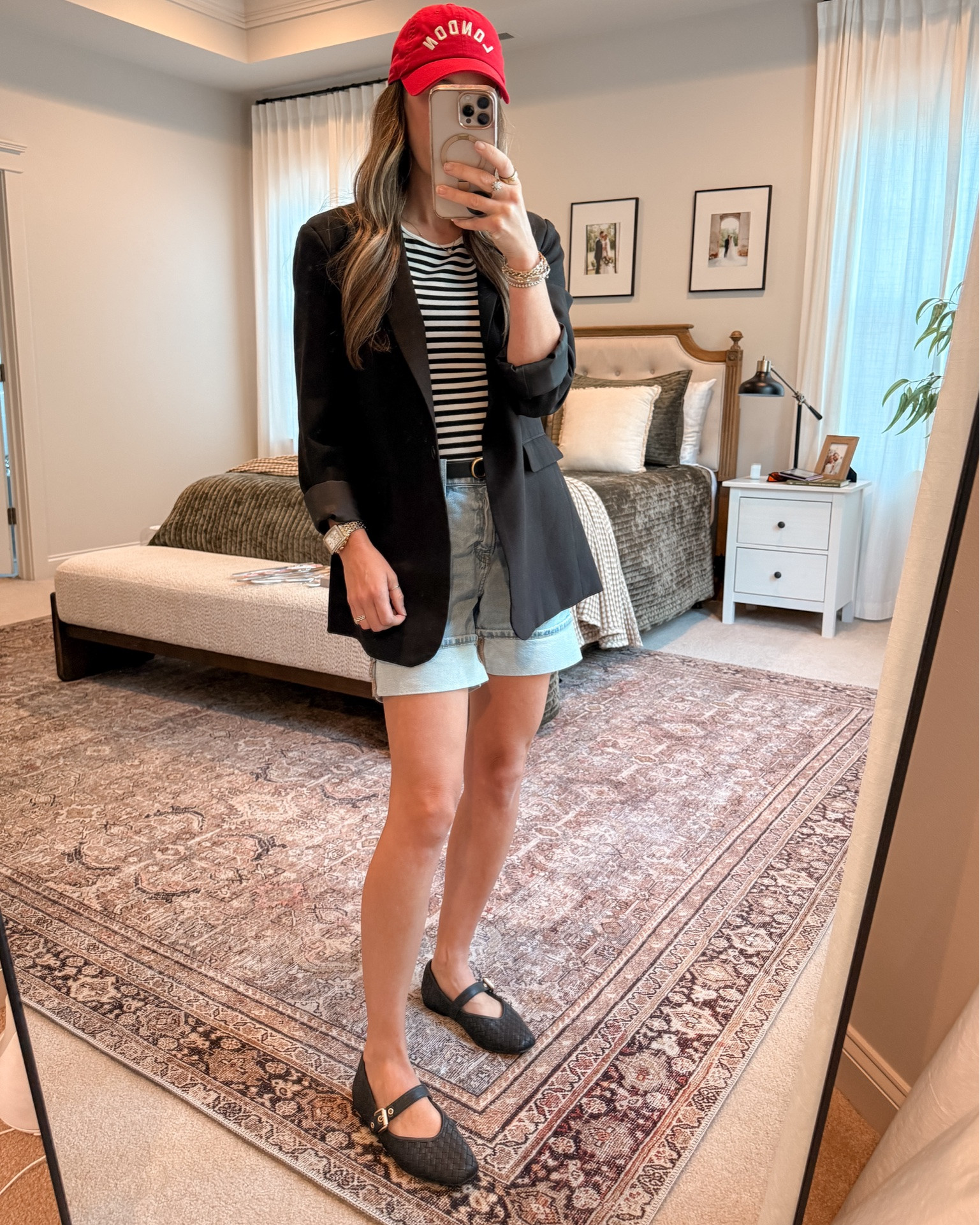 Elevated mom outfit with an Amazon blazer, striped tee, mom-approved denim shorts, and black Mary Janes. The blazer makes the shorts feel more polished, while the red hat adds a fun pop of color. Easy casual workwear, summer mom outfit, or weekend capsule outfit that still feels comfortable for real life.

#LTKmomlife #LTKgrwm #LTKootd