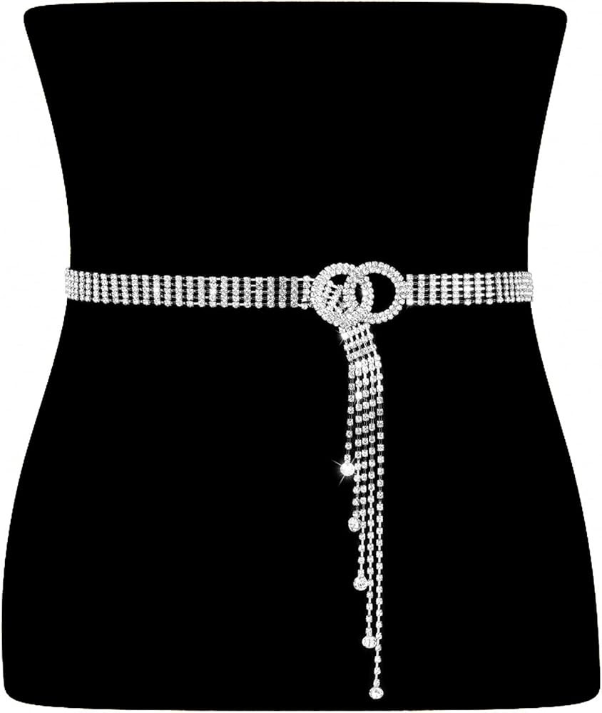WHIPPY Women Rhinestone Belt Silver Shiny Diamond Fashion Crystal Ladies Double O-Ring Waist Belt... | Amazon (US)