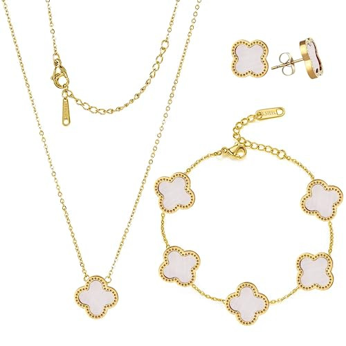 HighSpark Clover Necklace Pendant Earring Bracelet Set | Clover Necklaces for Women with Pendant Earring Bracelet make a Jewelry Set | Lovely Gift - White | Amazon (US)
