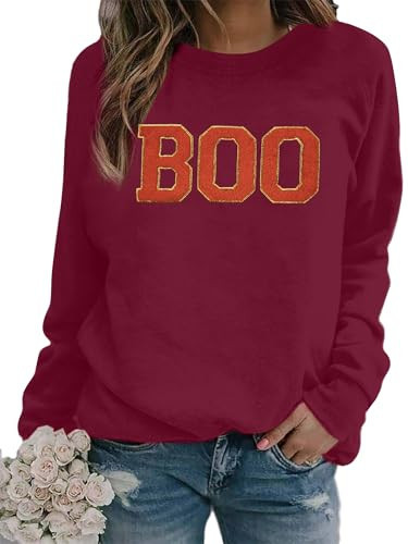 MYHALF Halloween Sweatshirt Women Boo Embroidered Sweater Cute Spooky Season Sweatshirt Fall Winter Crew Neck Pullover Tops Purple | Amazon (US)