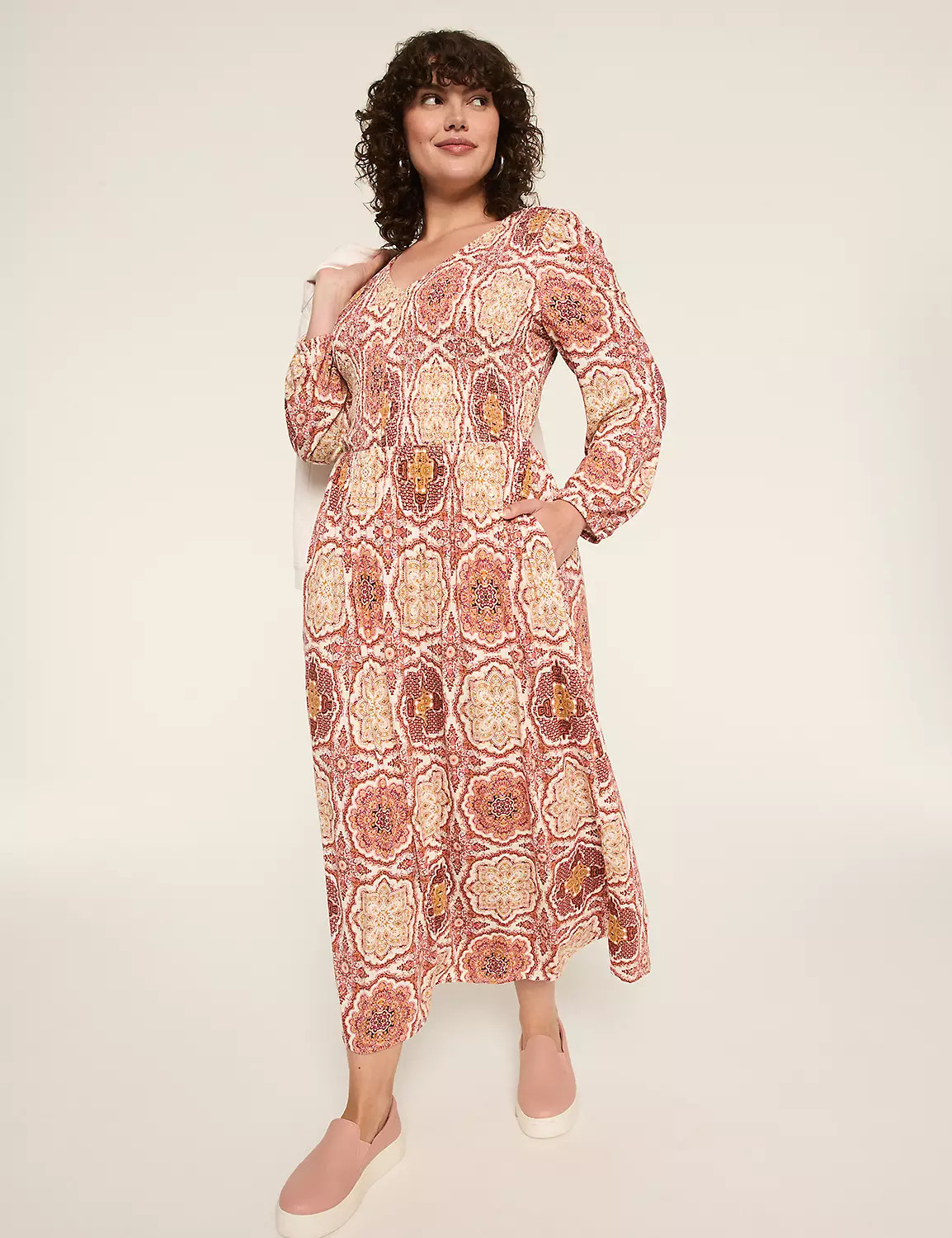 V-Neck Smocked-Bodice Maxi Dress | LaneBryant Plus size work dress boho dress Fall fashion | Lane Bryant (US)