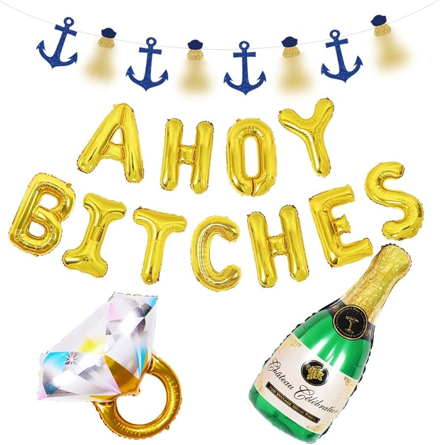 Nautical Bachelorette Party Decorations, Ahoy Bitches Balloon Banner Gold, Funny Anchor Garland G... | Amazon (US)